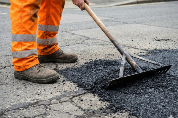 Travailleur réparant une rue avec de l'asphalte provenant d'une benne à apshalte